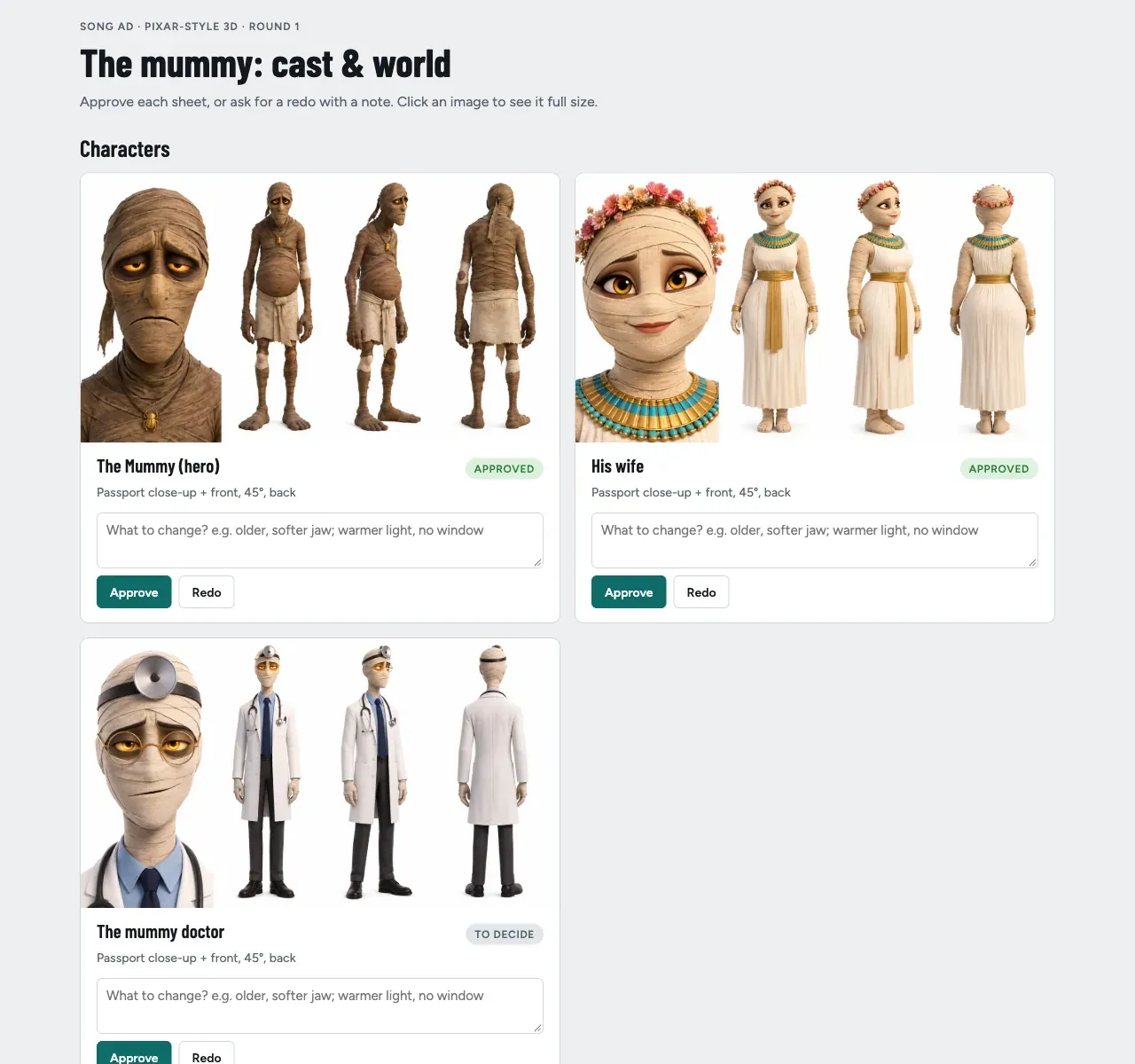 The cast page: character sheets and locations, each with Approve or Redo and a note