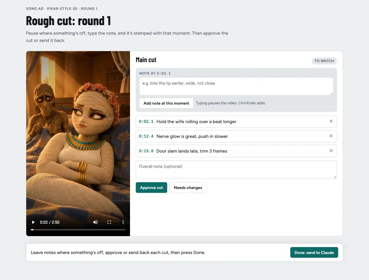 The rough-cut page: the video on the left, notes stamped with the exact second on the right, approve or send back