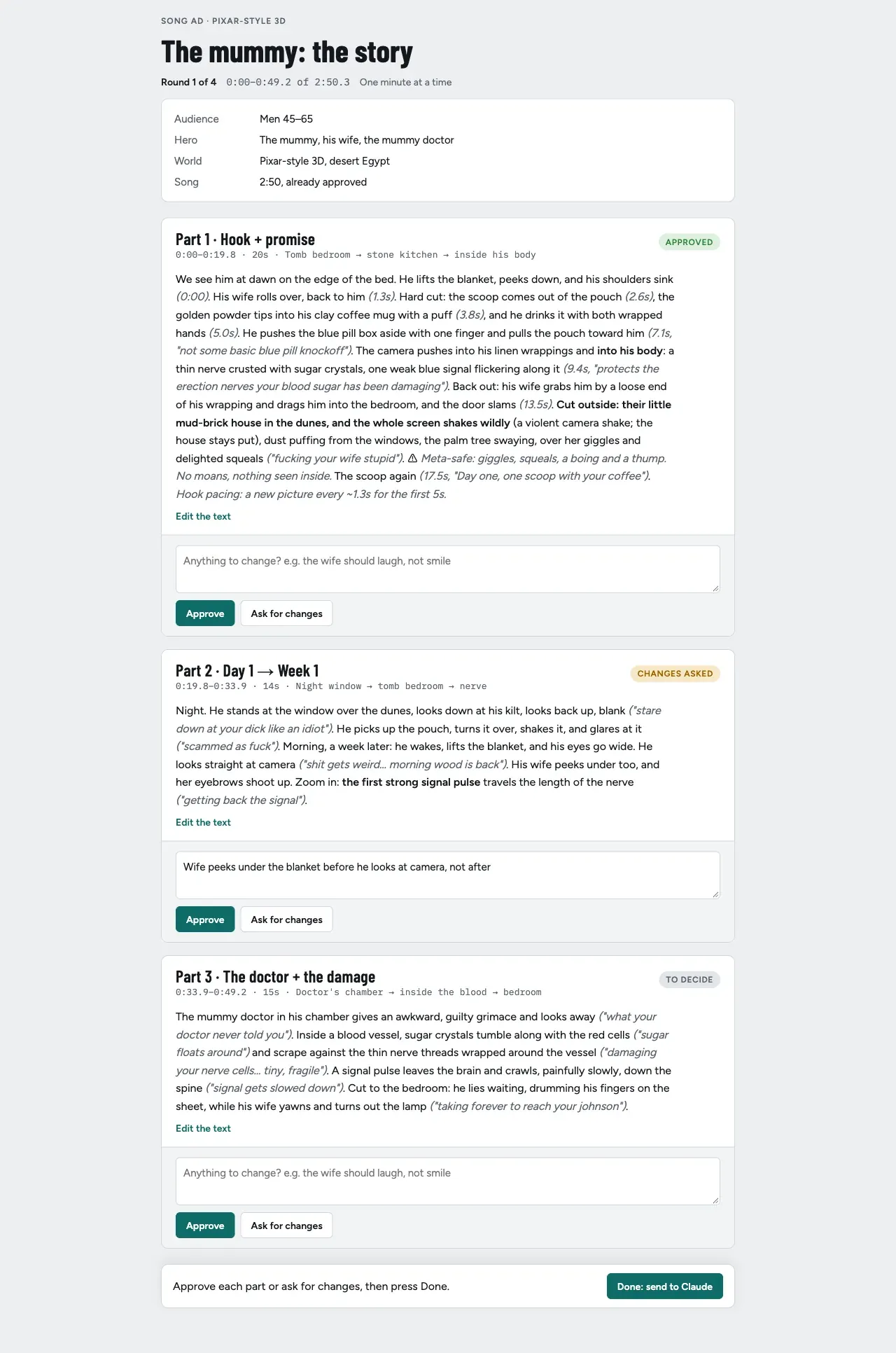 The story page: the brief at the top, then each part of the ad in plain language with Approve, Ask for changes and Edit the text