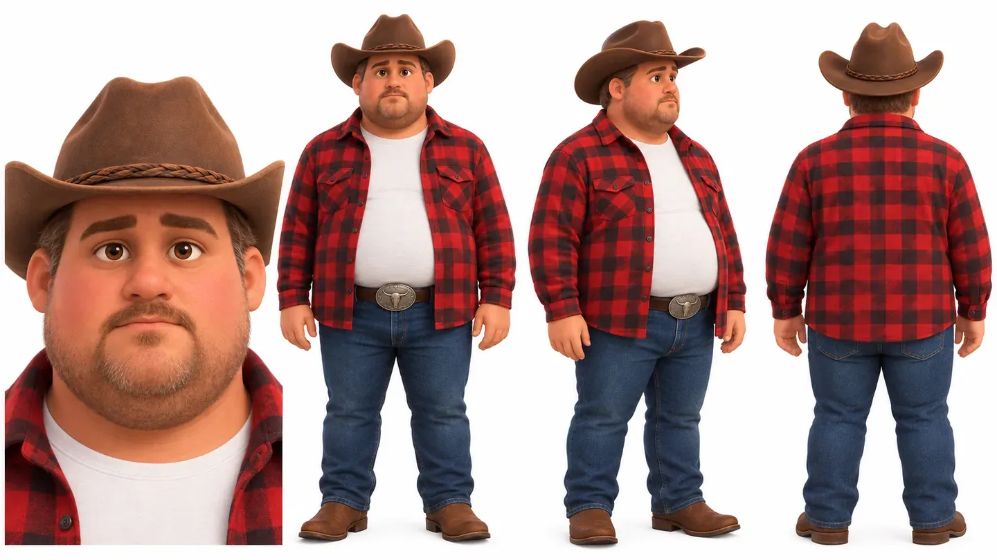A character sheet: close-up, full body front, three-quarter and back of a rancher in a red plaid shirt and cowboy hat