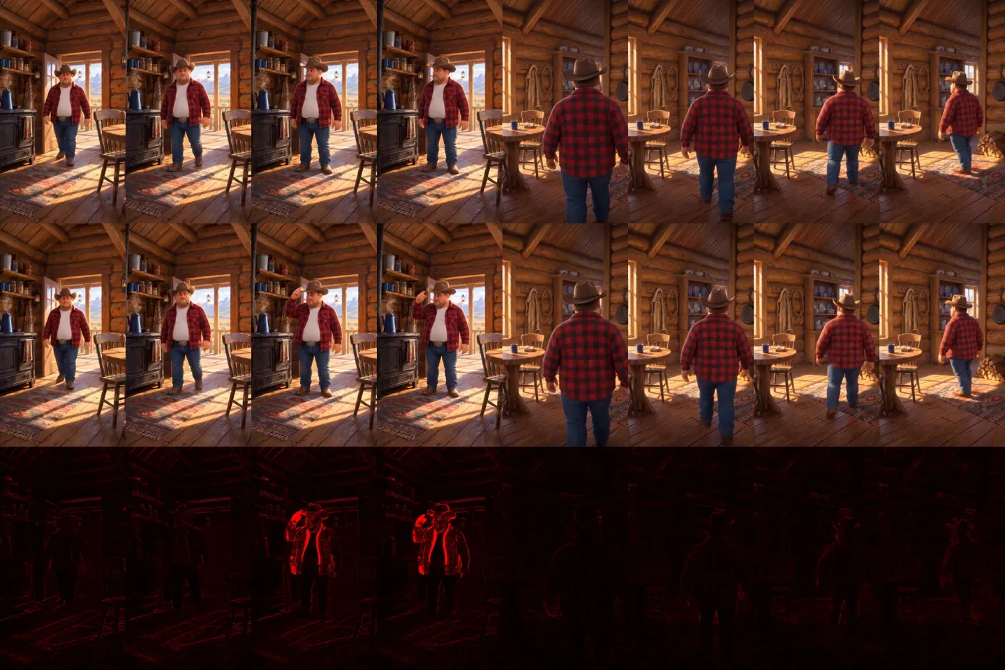 Difference map for the action edit: only his arm and head change during the hat tip