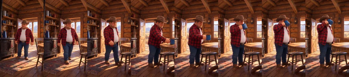 Keep and extend: he continues from the trimmed clip, walks to the table and sips from the mug