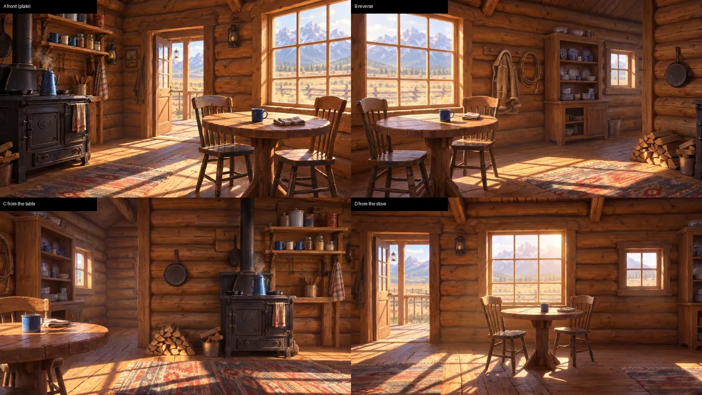 A location sheet: the same log-cabin kitchen from four angles, front, reverse and both sides