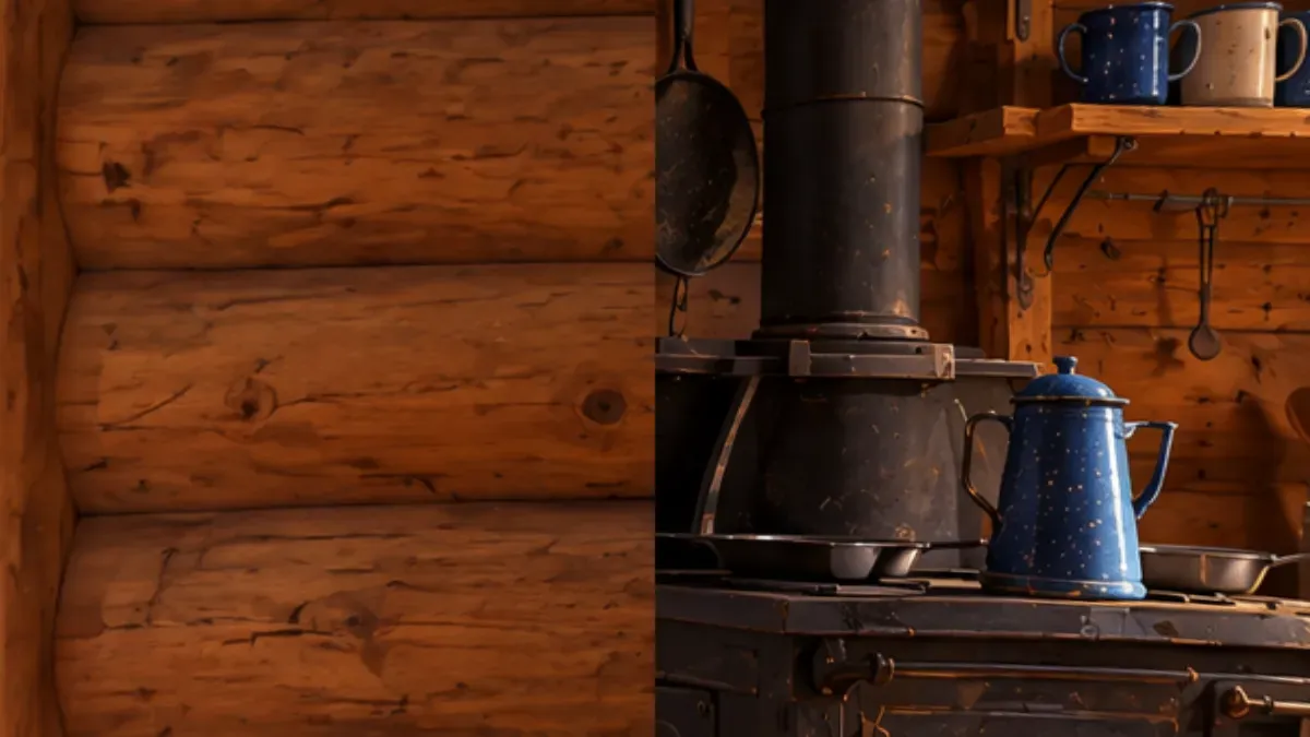 The seam: plain log wall on the left edge, a stove sliced in half on the right
