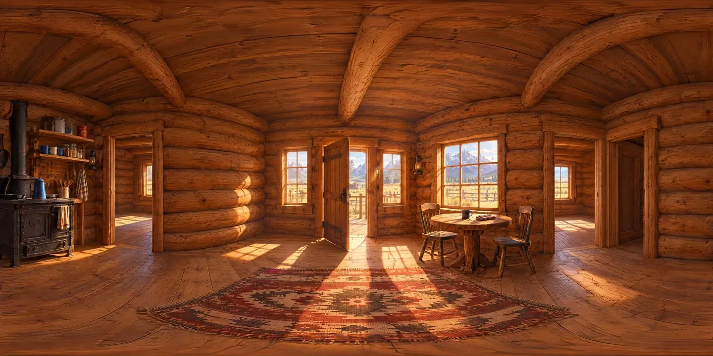The same panorama repainted as a Pixar-style log-cabin kitchen, every door and window in the same place