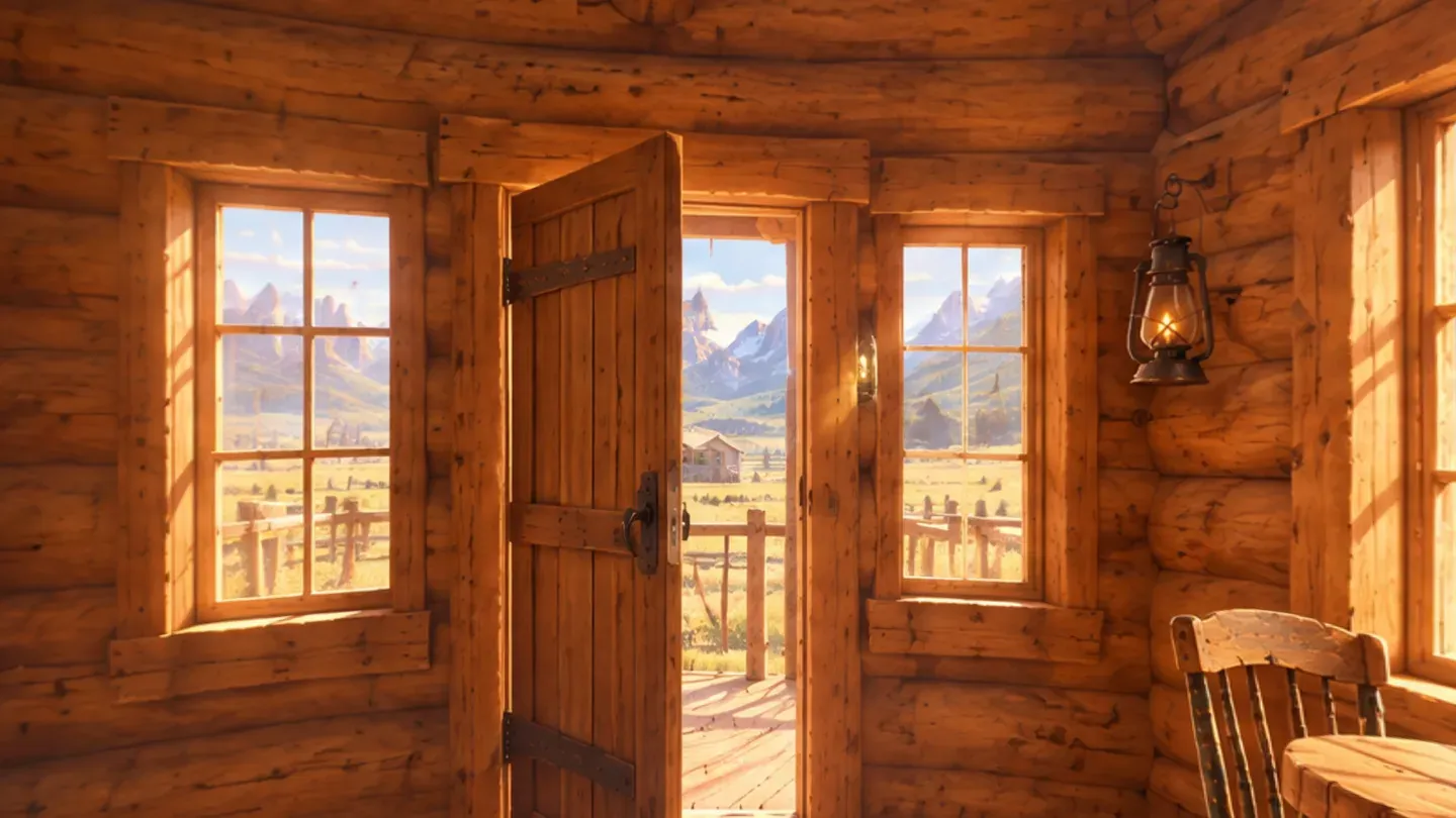 One wall cut from the styled panorama: the open plank door, two windows and a lantern, straight lines, slightly soft
