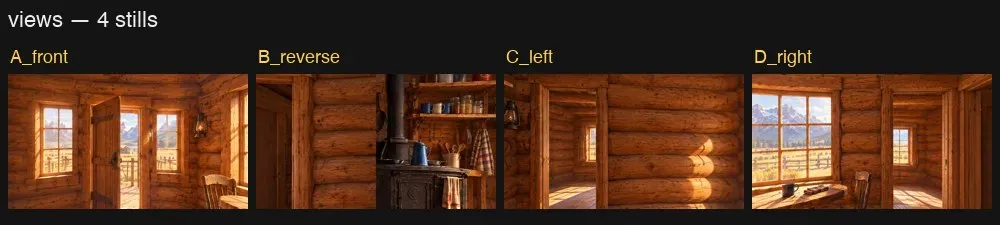 Four views cut from the styled panorama: front, reverse, left and right
