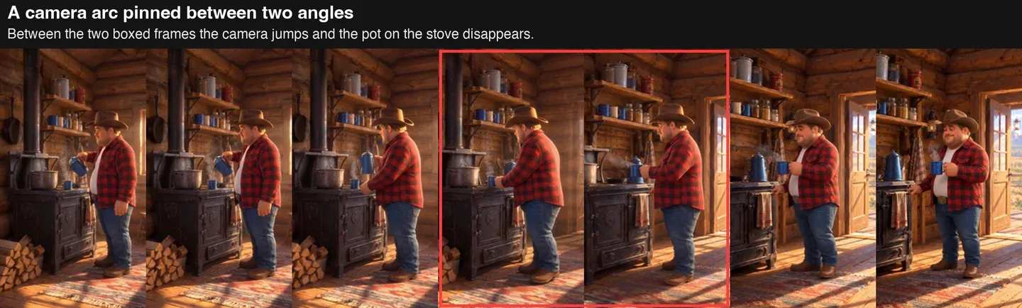 Seven frames of a camera arc around the rancher at the stove, with the two frames where the camera jumps and the pot disappears boxed in red