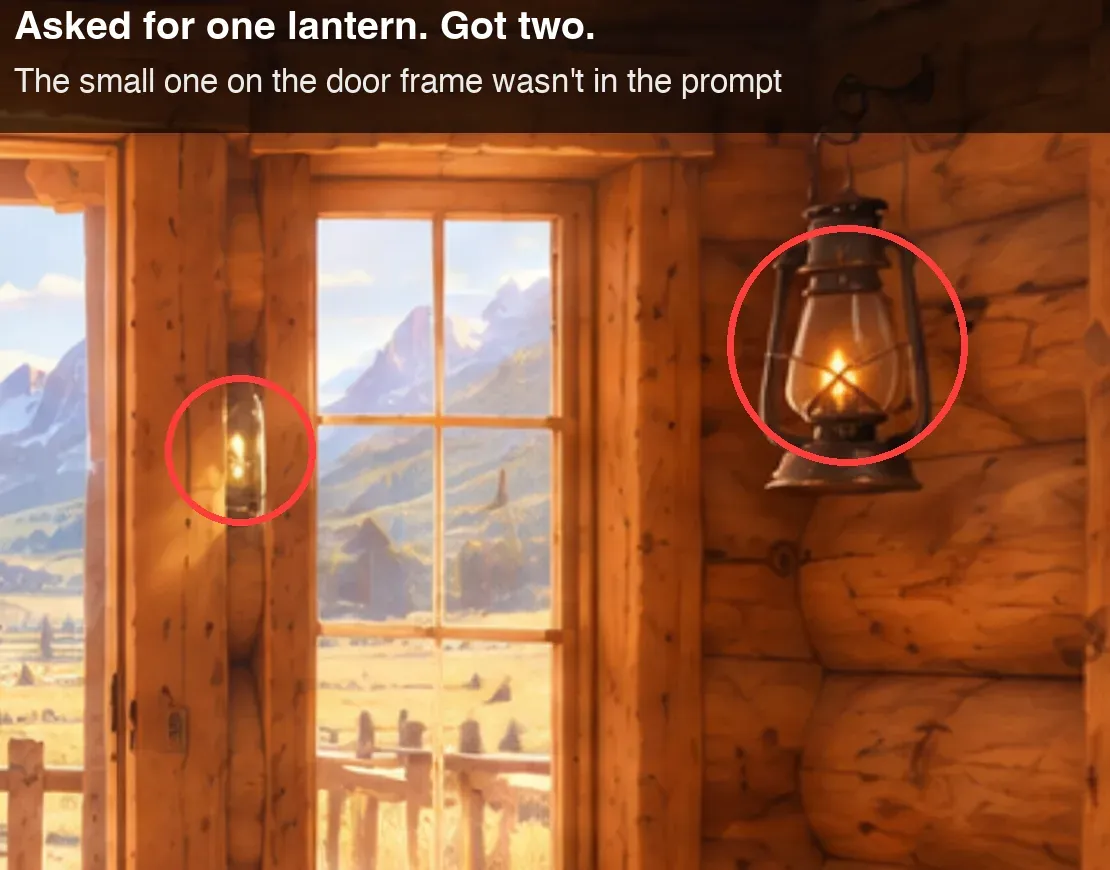 Close-up of the repainted kitchen wall with two lanterns circled: the one asked for, and a small extra one on the door frame