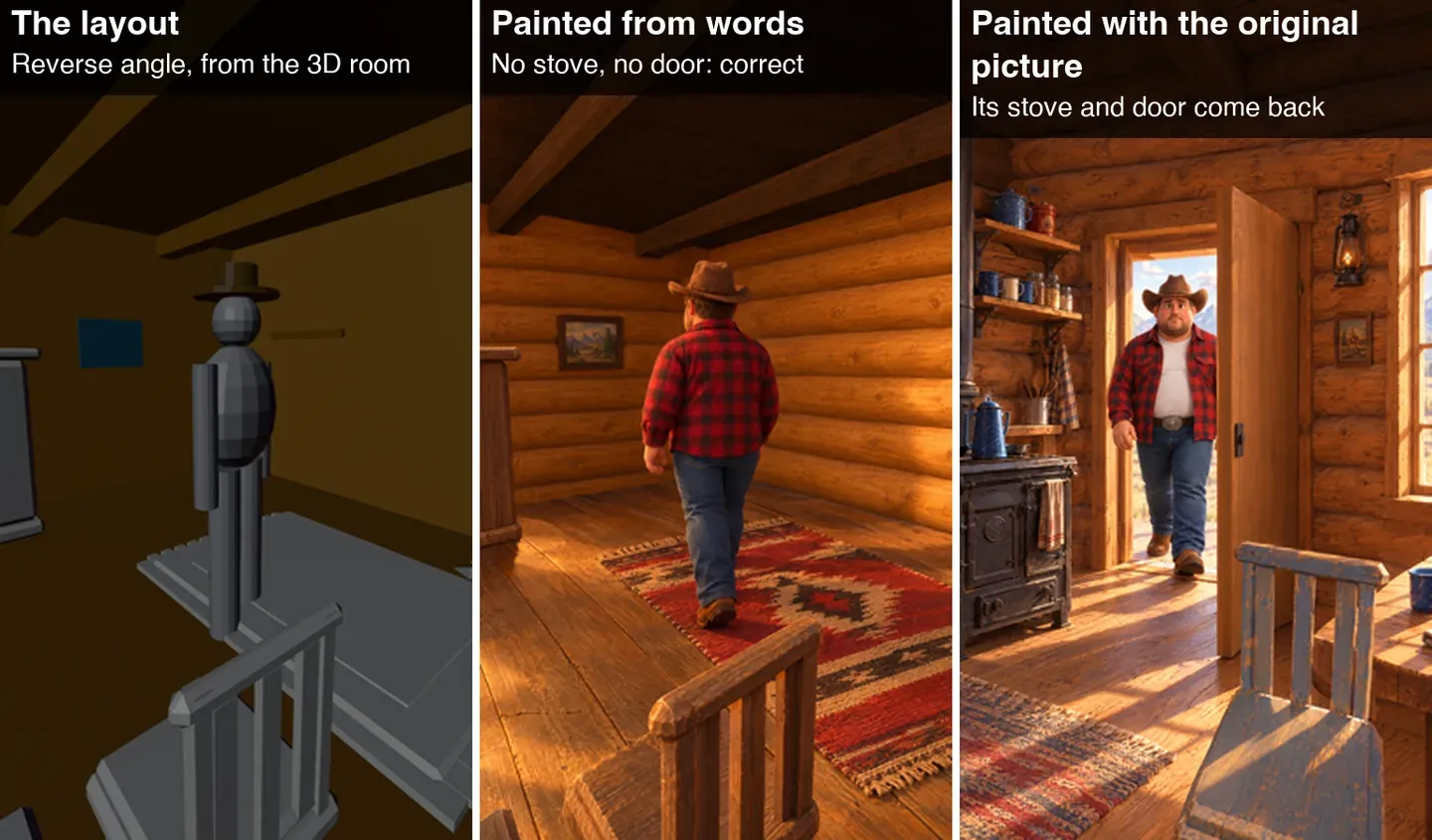 Three versions of the same reverse angle: the grey 3D layout, a correct version painted from words, and a version painted with the original picture where the stove and door come back