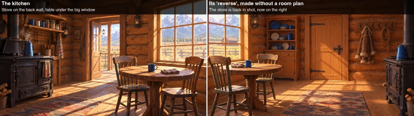 Left: a log-cabin kitchen with the stove on the back wall. Right: its reverse angle, made without a room plan, with the stove back in shot on the right