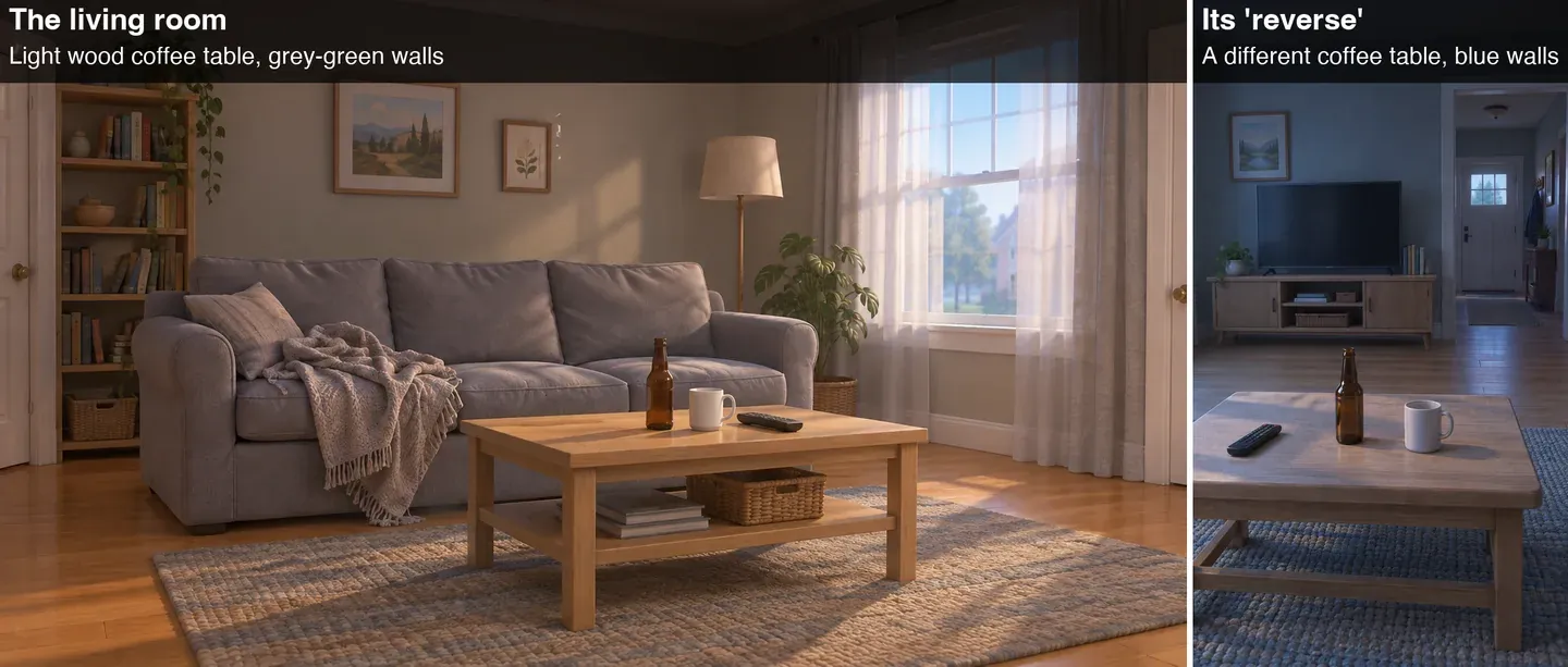 Left: a living room with a light wood coffee table and grey-green walls. Right: its reverse angle with a different coffee table and blue walls