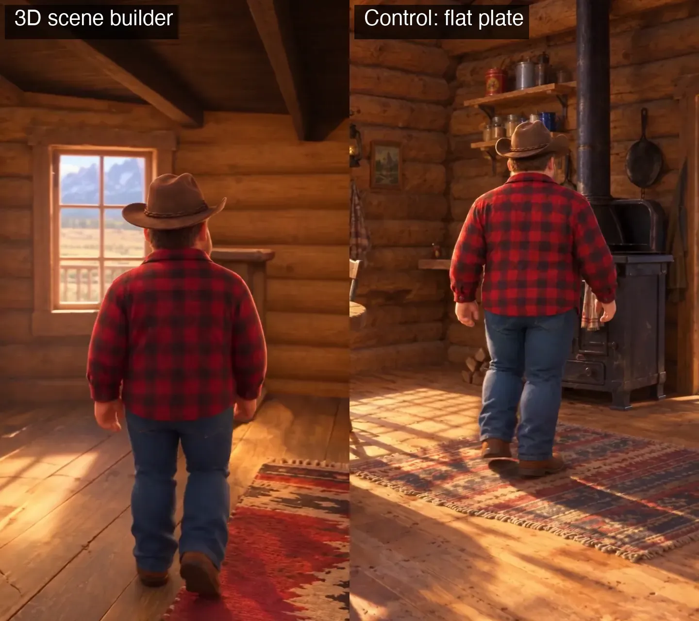 Reverse angle: the 3D-guided shot shows the window wall; the flat-picture version puts the stove on the wall he's walking toward