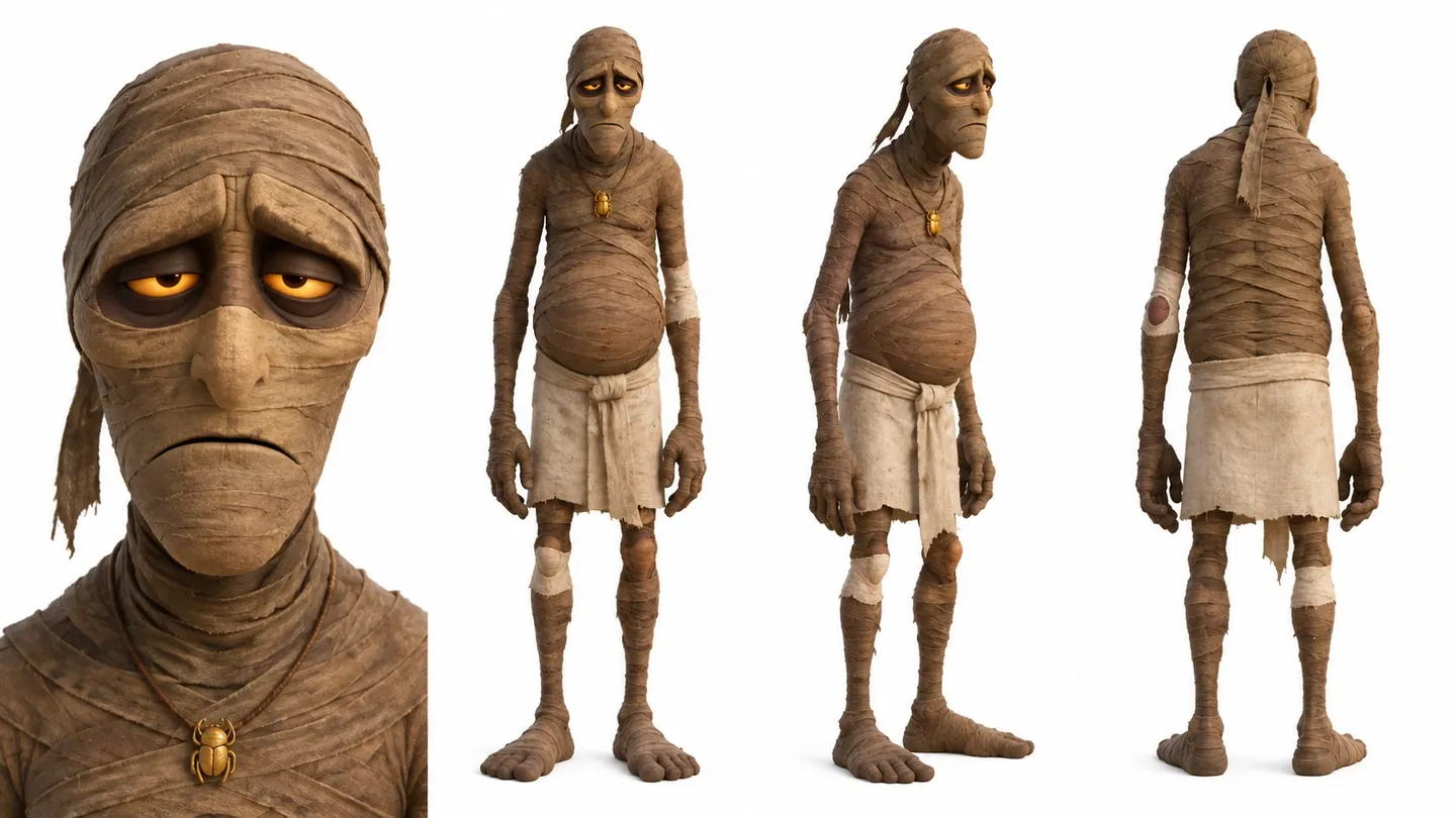 The mummy character sheet: passport-style headshot, then front, three-quarter and back