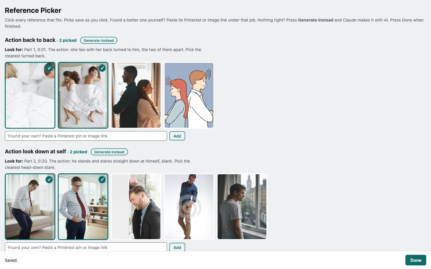 The reference picker: each job with what to look for, click to pick